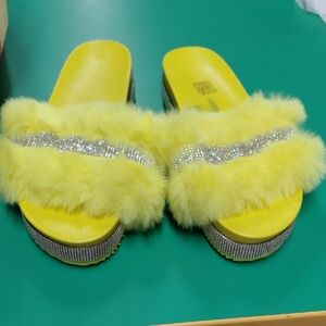 Yellow Faux Fur Rhinestone Slide Mules by